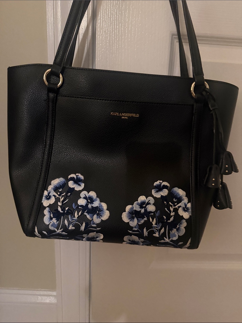 Karl Lagerfeld Black Tote with Blue and White Floral Embroidery